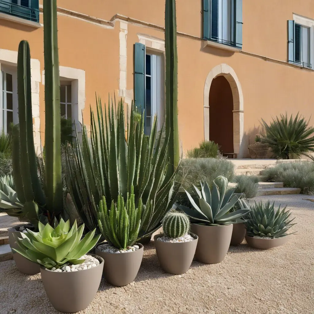 Le guide de votre paysagiste à Aix-en-Provence : les 10 plantes sans besoin d'eau à intégrer dans votre jardin 2 Plantes méditerranéennes en pots devant une maison à Aix-en-Provence