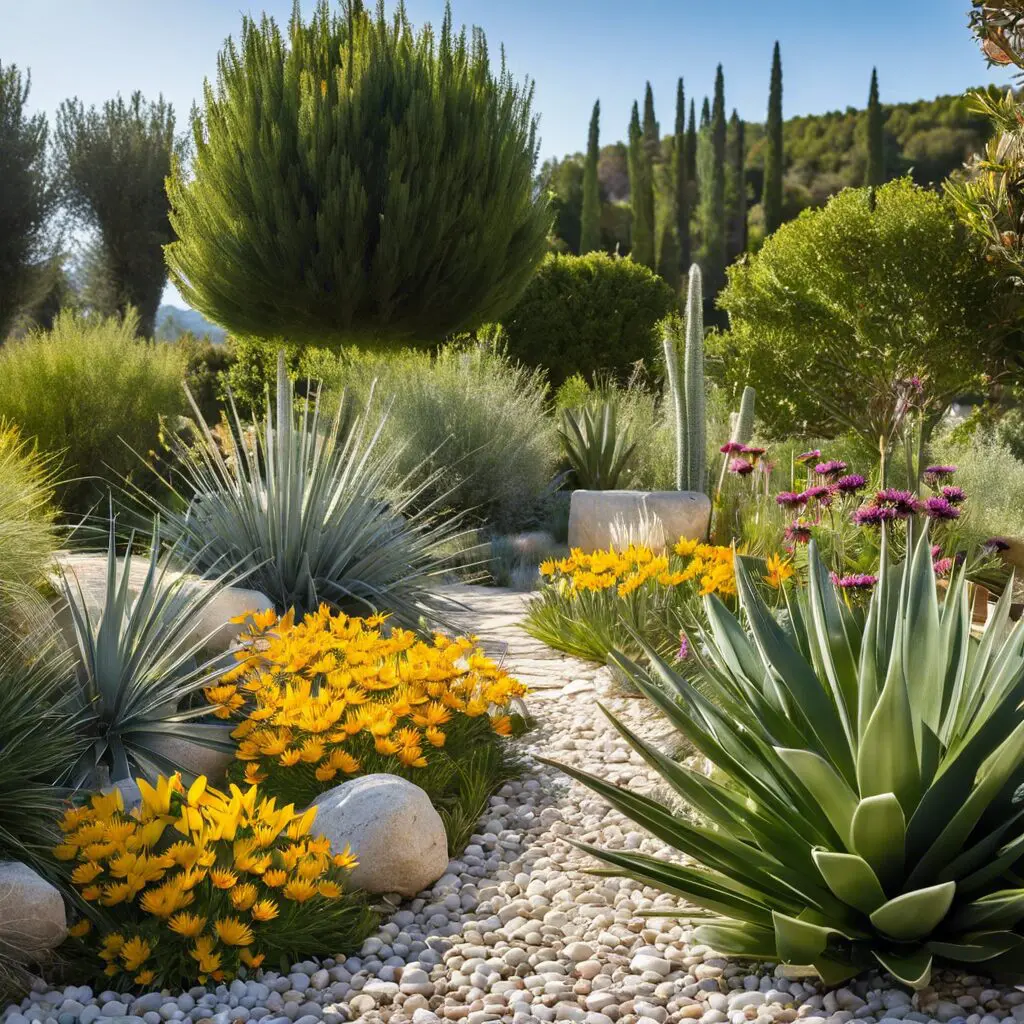 Le guide de votre paysagiste à Aix-en-Provence : les 10 plantes sans besoin d'eau à intégrer dans votre jardin 3 Jardin sec méditerranéen aménagé à Aix-en-Provence avec des agaves et des plantes résistantes à la sécheresse