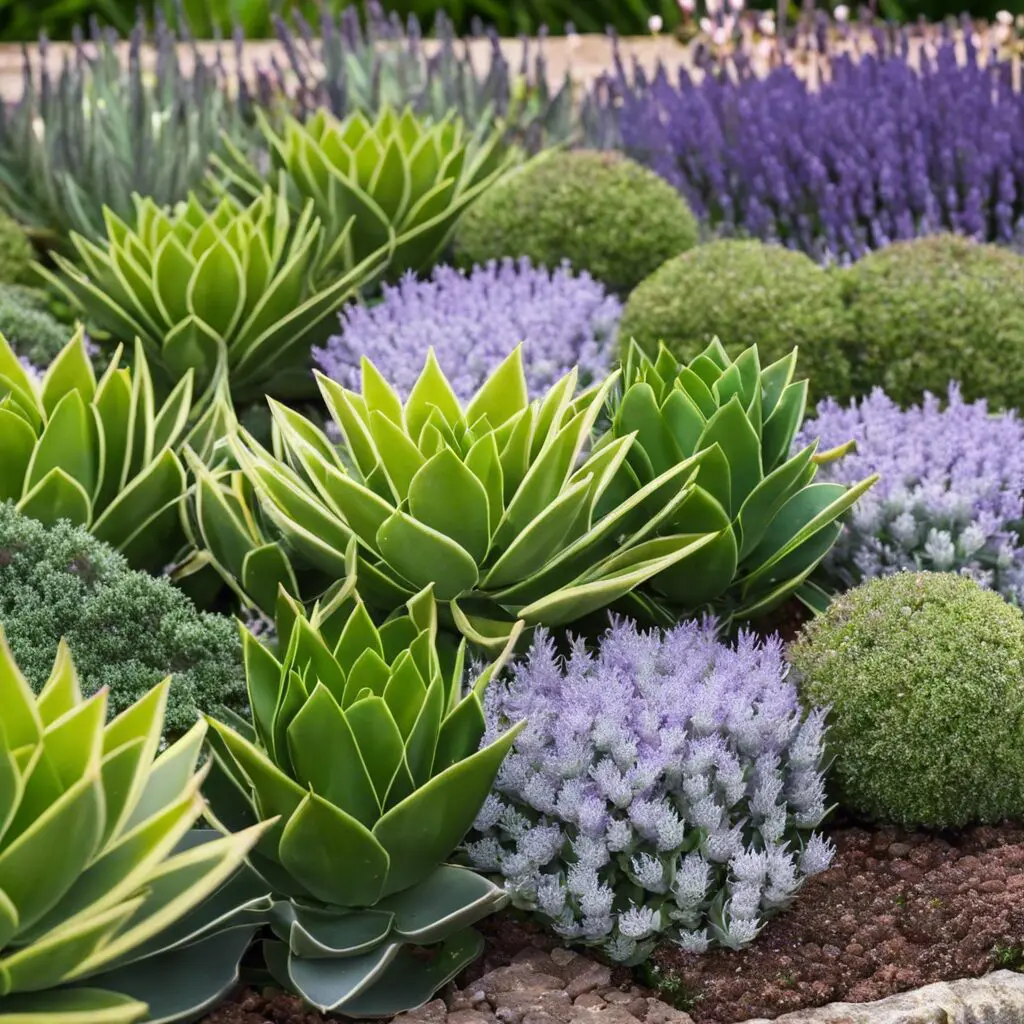 Le guide de votre paysagiste à Aix-en-Provence : les 10 plantes sans besoin d'eau à intégrer dans votre jardin 1 Aménagement de plantes méditerranéennes à Aix-en-Provence avec agave et lavande