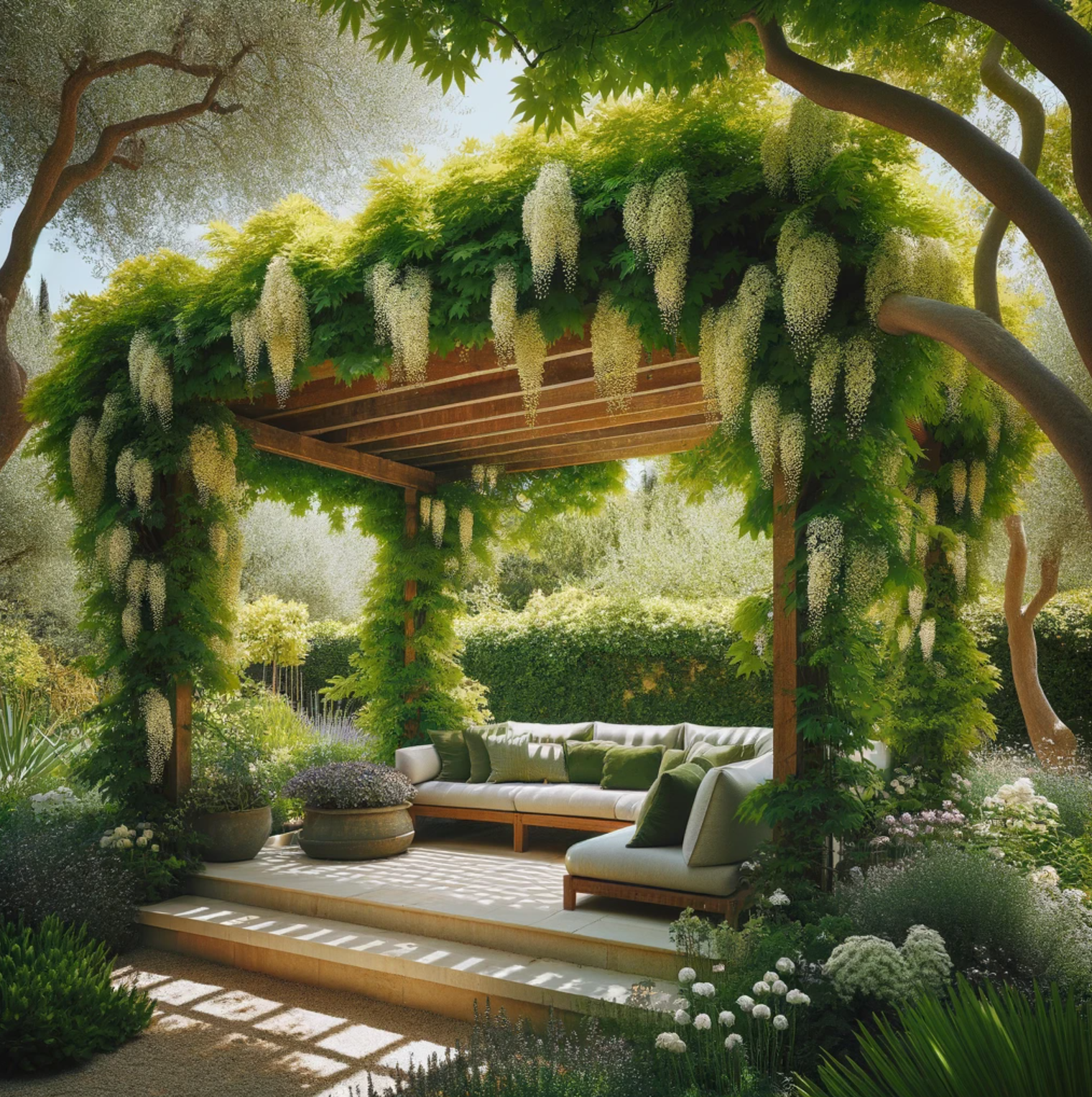Pergola végétalisée dans un jardin méditerranéen, aménagement résistant au changement climatique