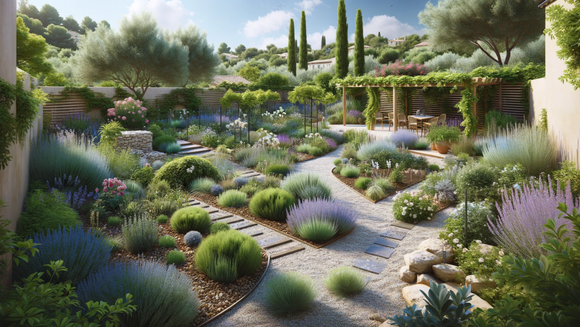 Aménager un jardin face au changement climatique 1 Aménagement de jardin sec à Aix-en-Provence avec plantes méditerranéennes et pergola